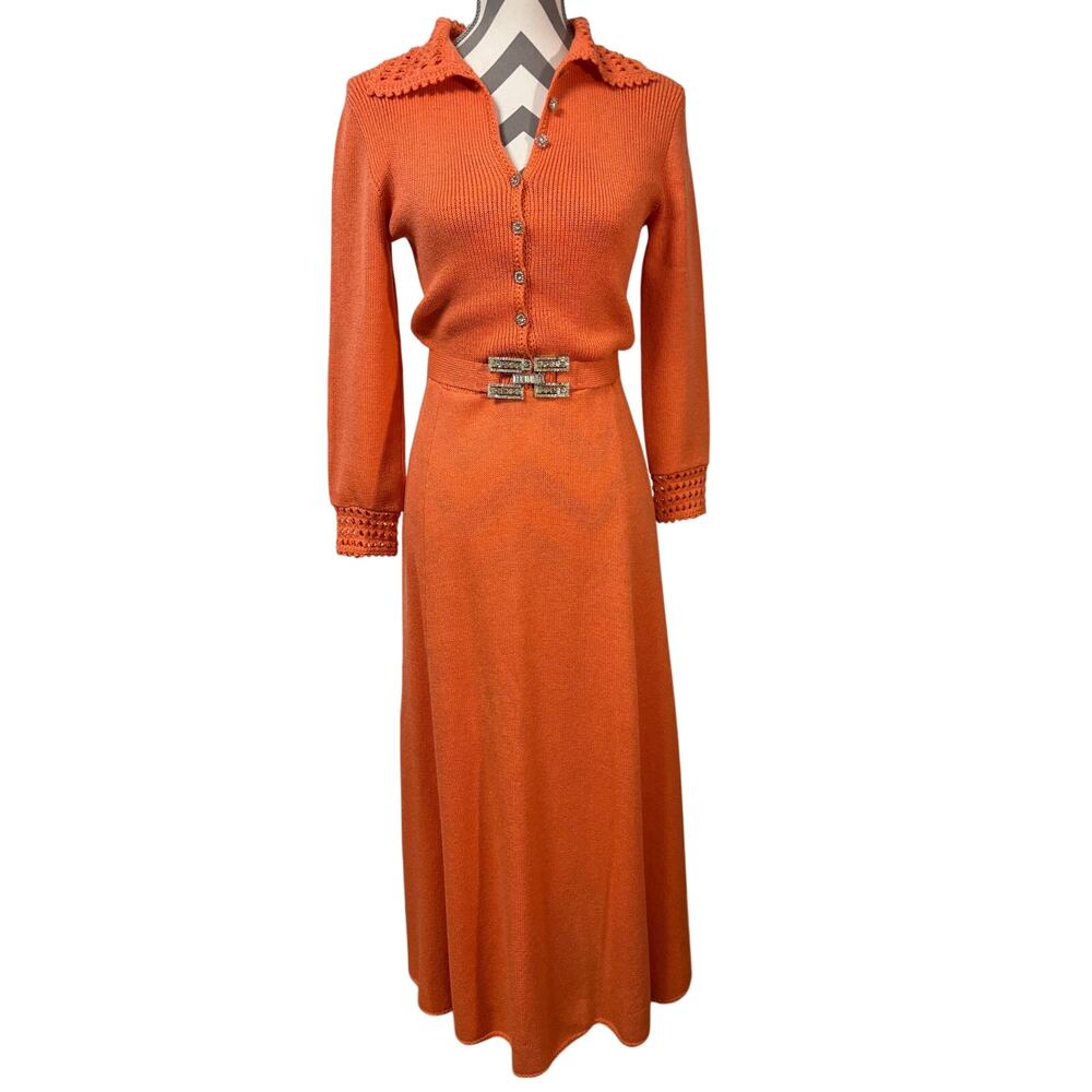 Vtg St John Knits Dress Salmon Coral Crochet Pointelle Collar Rhinestone Button